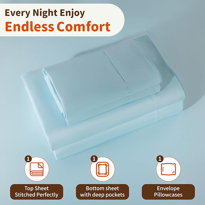 LBRO2M 1000 Thread Count 100% Egyptian Cotton Sheets Set Twin XL, 3 Piece Sets Bed Sheet Deep Pocket Sheet Set 16" Soft Comfortable All Season (Twin XL, Light Blue)