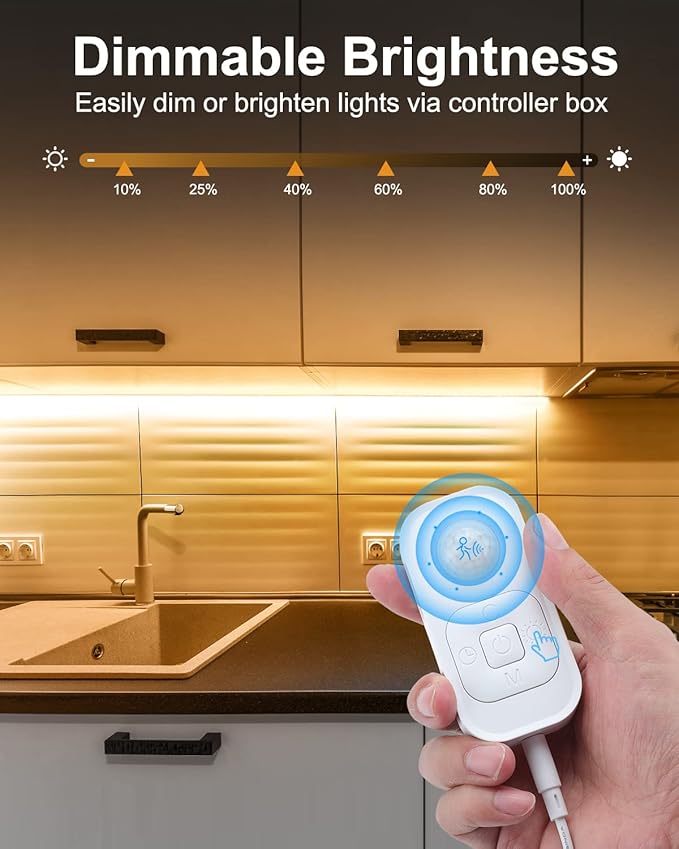 Motion Sensor LED Strip Light - Cabinet Strip Lights with 24W Plug, Dimmer and Timing, 9.84ft 3000K WarmWhite