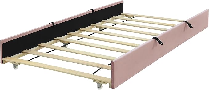 Twin Size Bed Frame with Trundle Bed,Velvet Upholstered Bed Frame,Twin Size Trundle Bed with Headboard,Upholstered Platform Bed Twin for Kids Teens Adults(Pink)