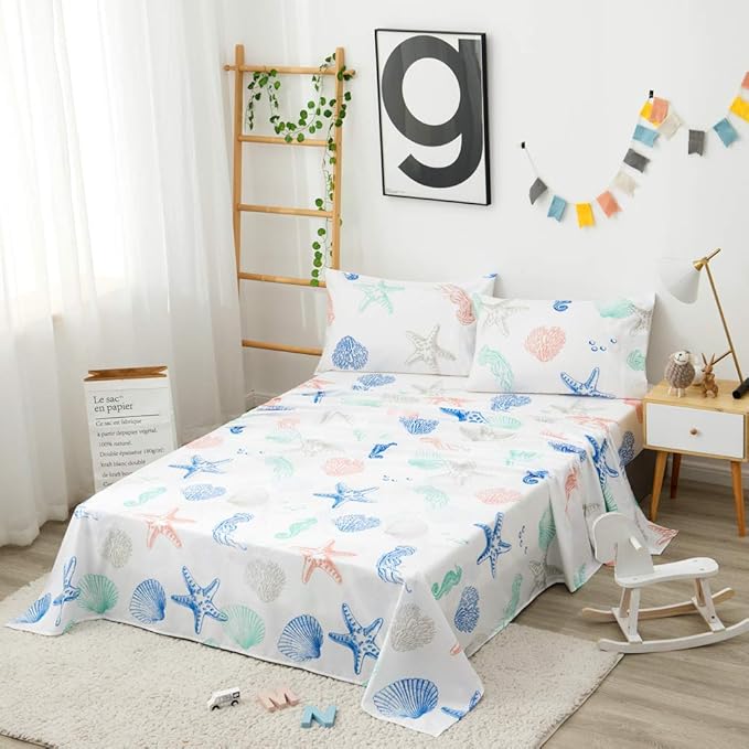 JSD Beach Theme Kids Sheet Set Twin, 3 Piece Starfish Jellyfish Coastal Summer Microfiber Bed Sheets Deep Pocket