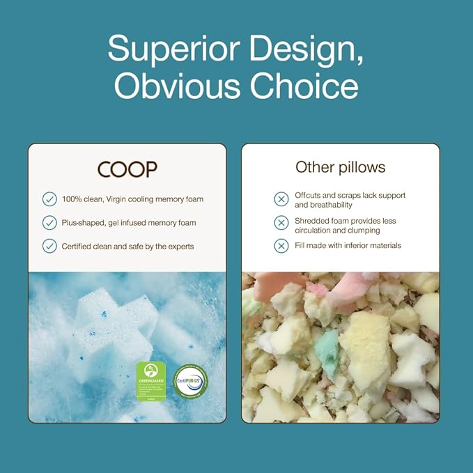 Coop Home Goods Cool+ Crescent Adjustable Pillow, Queen Size Plus Shaped Memory Foam Pillows with Cooling Gel, Neck Support, Back or Side Sleeper Pillow, CertiPUR US/GREENGUARD Gold