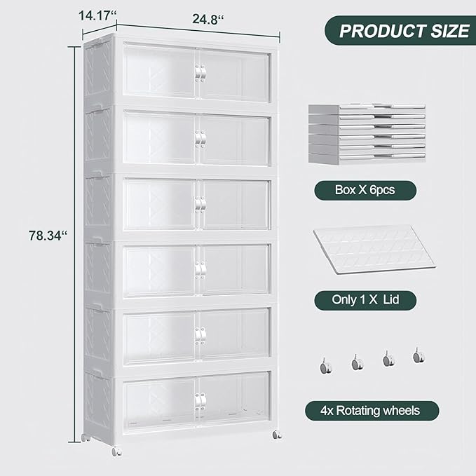 720QT Extra Large Stackable Storage Bins with Lid, 180Gal Collapsible Storage Box with Wheels and Doors, Plastic Closet Organizer and Storage Cabinet for Home Kitchen Office Dorm, 5Pack White