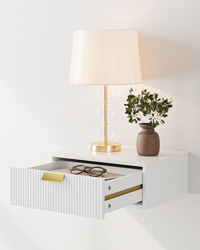 Floating Nightstand, Floating Shelf with Drawer, Wall Mounted Nightstand, Floating Bedside Table (White Stripe)