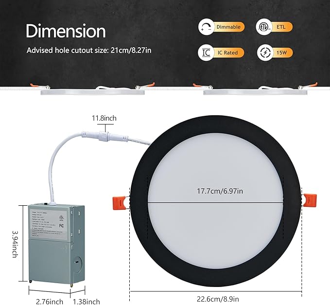 CycevSun 8 Inch LED Black 12 Pack Recessed Lights with Night Light, Canless Wafer Downlight Ultra Thin, Dimmable & 5CCT Selectable, 15W, 1350LM, ETL, 120-277V