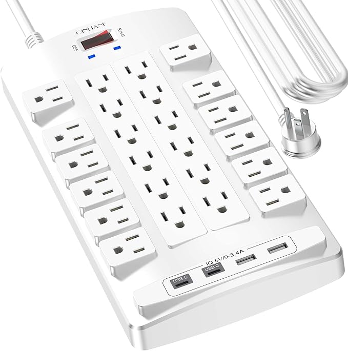 Surge Protector Power Strip - QINLIANF 20Ft Flat Plug Heavy Duty Extension Cord with 24 Outlets and 4 USB Ports(2 USB-C Ports), 1875W/15A, 4100J, for Home, Office, Dorm, ETL Listed, White