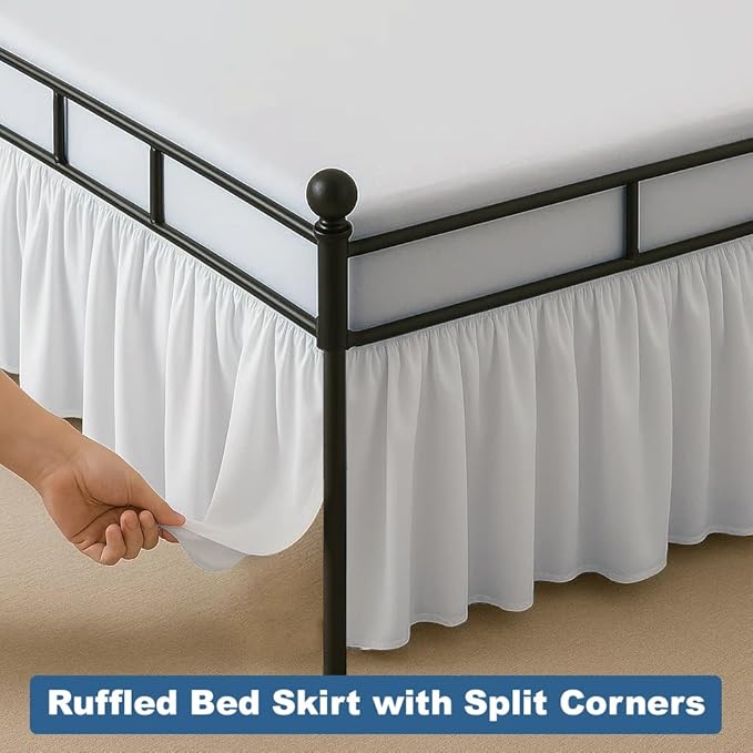 Ruffled Bed Skirt Split Corners with Platform, Tailored Fit Hotel Quality Wrinkle Free Ultra-Soft Microfiber Dust Ruffle, Upto 16 Inch Drop, King, White