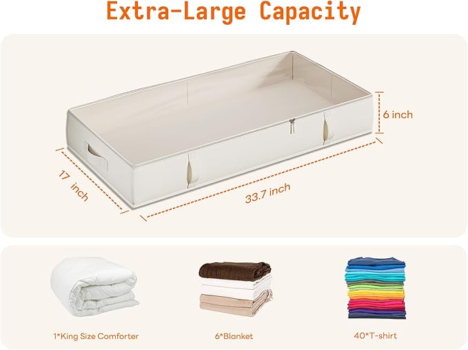 Vailando Under Bed Storage Containers, 6 Inches Tall 60L Underbed Storage Bins with Sturdy Handles and Sidewalls, Closet Organizer for Clothes, Blankets, Seasonal Items, Beige, 2-Pack