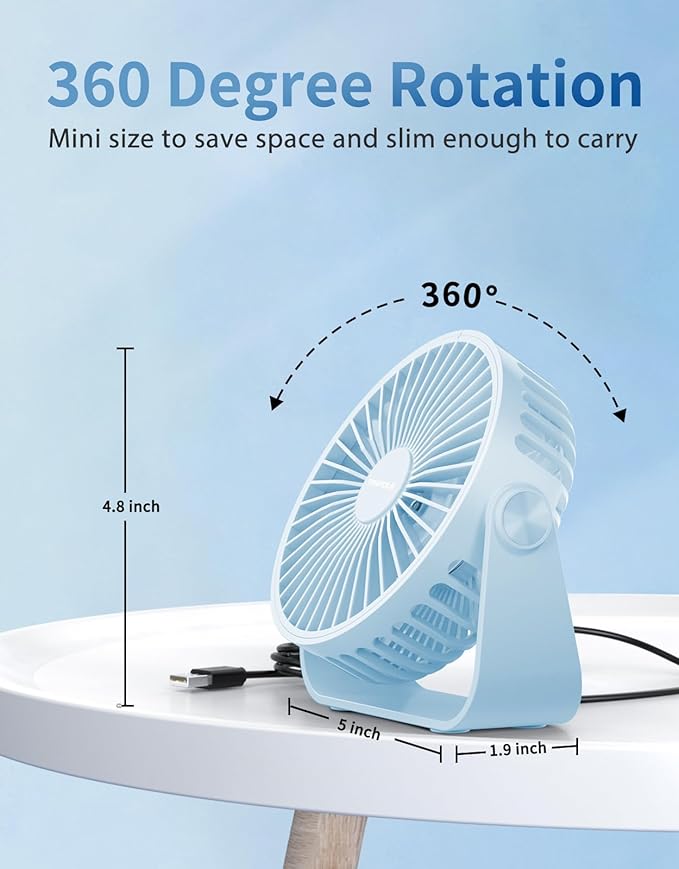 TriPole USB Desk Fan Portable Mini Fan Powerful 3 Speeds Wind Personal Desktop Fan with 360° Head Rotation for Home Office Car Indoor Outdoor Blue, No Battery, 4.5 Inches