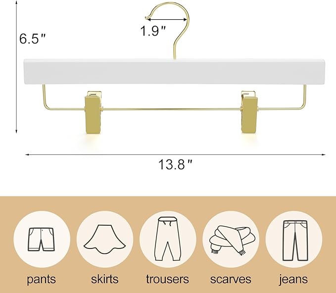TOPIA HANGER White Wooden Pants Hangers with Gold Clip, 20 Pack Skirt Short Trousers Jeans Slacks Hangers with 360 Swivel Hook and Adjustable Clip with Rubber Padded for Closet, CT50WG20