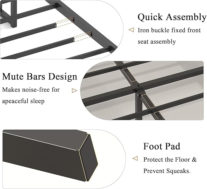 King Size Bed Frame with Storage Headboard & Charging Station, Platform Bedframe with LED Lights, Upholstered Headboard, Metal Slat Support, No Box Spring Needed