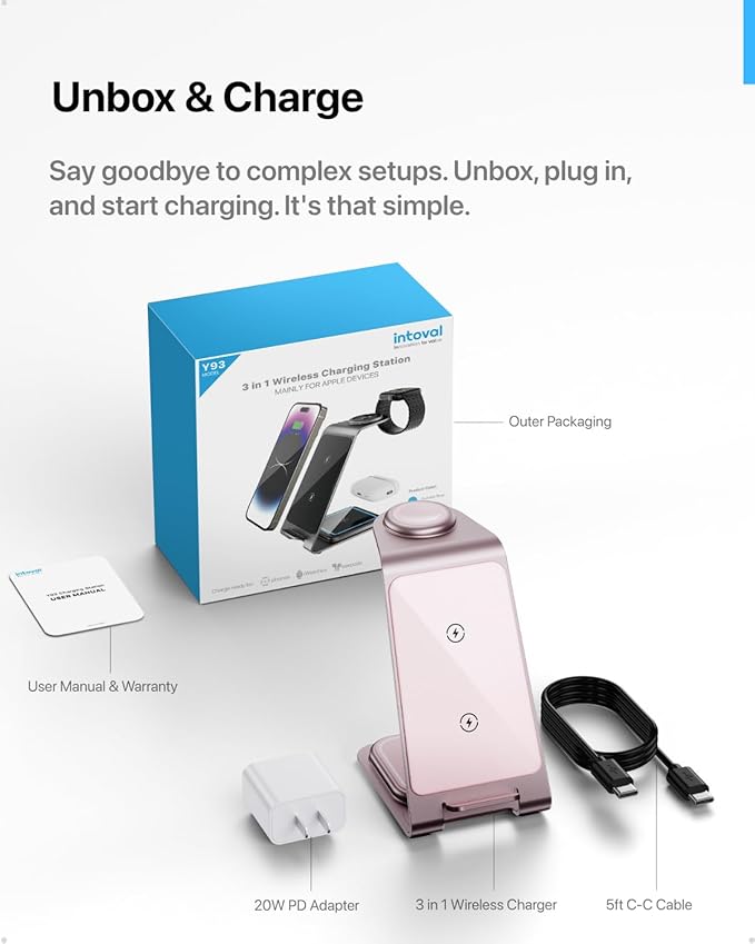 Intoval Aluminum 3 in 1 Wireless Charging Station for iPhone 17 16 15 14 13 12 11 Pro Max XR, Wireless Charger for Apple Watch 11 10 9 8 7 Ultra SE 3 2, Phone Charger for AirPods 4 Pro 2 3 (Pink)