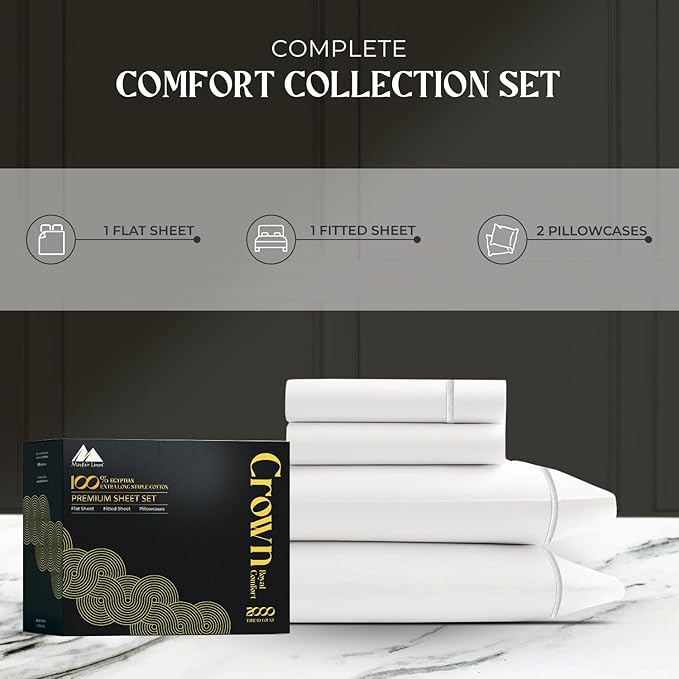 Mayfair Linen 100% Egyptian Cotton Queen Sheets Set - 2000 Series Luxury Sheets Queen Size Bed Set, Soft & Cooling, Sateen Weave 17" Extra Deep Pocket Hotel Collection Sheet (4 Pc, White)