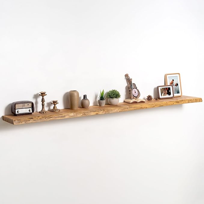 fuqing Live Edge Floating Shelves for Wall 72 inch, 8 Inch Deep Solid Elm Wood Floating Wall Shelves - Rustic Wooden Shelves with Invisible Brackets for Living Room Bedroom Kitchen, 1 Pack, Natural