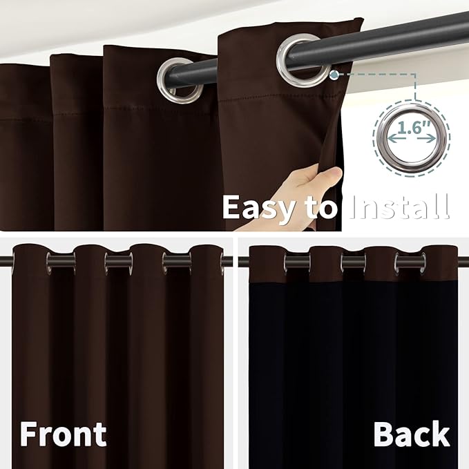 BGment Thermal Insulated 100% Blackout Curtains for Bedroom with Black Liner, Double Layer Full Room Darkening Noise Reducing Grommet Curtain (52 x 63 Inch, Brown, 2 Panels)
