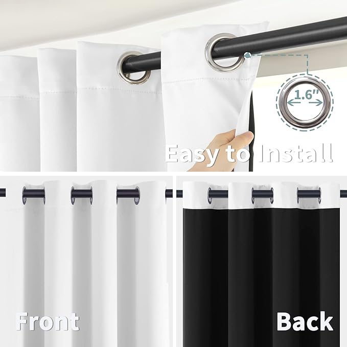 BGment Thermal Insulated 100% Blackout Curtains for Bedroom with Black Liner, Double Layer Full Room Darkening Noise Reducing Grommet Curtain (60 x 63 Inch, White, 2 Panels)