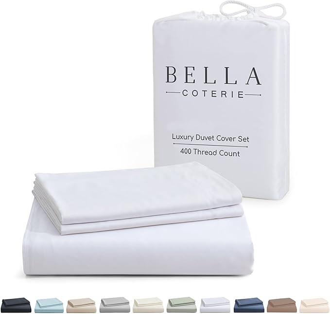 Bella Coterie Luxury Bamboo Viscose Queen Size Duvet Cover Set | 100% Organically Grown | Corner Ties | Ultra Soft | Cooling | Two Pillow Shams | 90 x 94 | No Insert [White]