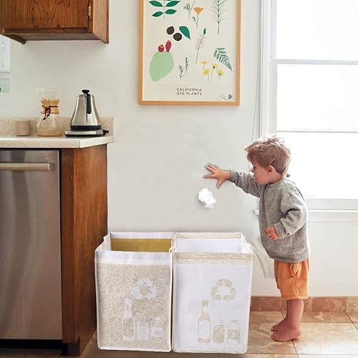 BeBesta Recycle Waste Bin Bags for Kitchen ， Home Trash Sorting Bins Organizer Baskets，Waterproof Baskets Compartment Container- Yellow&White 2PCS