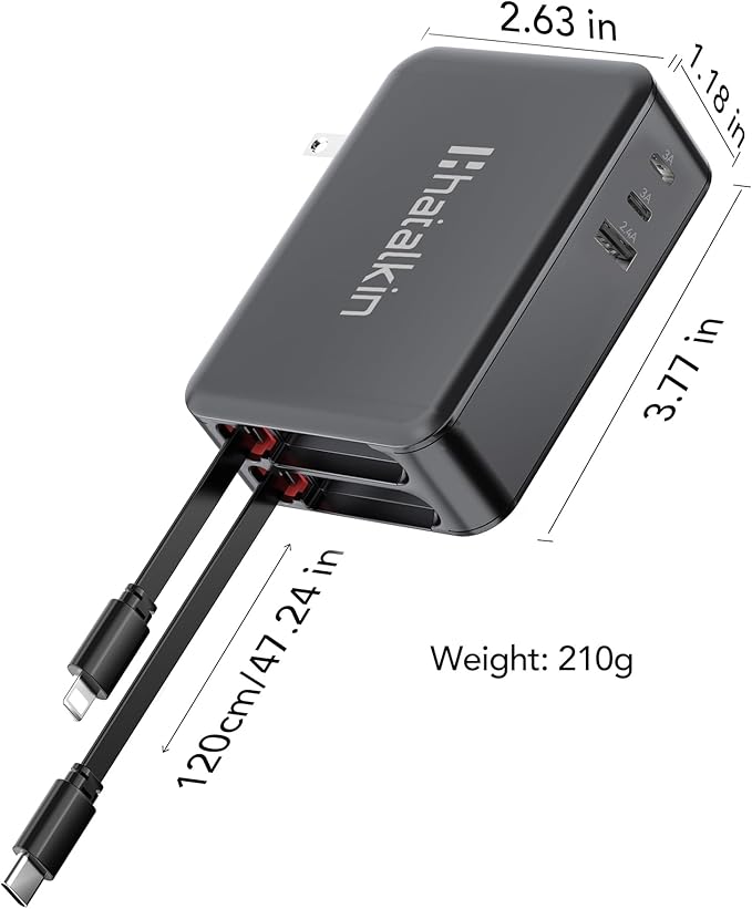 65W for MacBook Pro Charger,5-in-1 Retractable Wall Charger Plug for iPhone 17, Dual 3.94 ft PD USB C Cable&3 Ports, Fast Charging Block for Mac Book Pro/Air, M1 M2 M3 M4, iPad Pro,Galaxy,Pixel