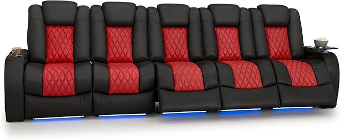 Seatcraft Diamante Zero-Gravity CoolZero Italian Leather Home Theater Seating, Power Headrest, Power Recline, Row of 5 Sofa, Black/Red