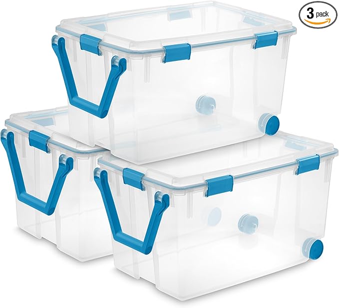 Sterilite 3-Pack Gasket Box, Weather-Resistant Storage Bins with Latching Lids, 120 Quart - Heavy-Duty Organizing Containers for Closet, Bathroom, and Office