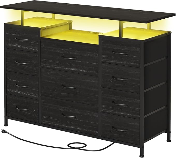 LUMTOK 11 Drawers Dresser with Fabric Drawers,Charging Station, LED Lights and Shelves for Bedroom,Hallway, Storage Organization (Black Wood Veins)