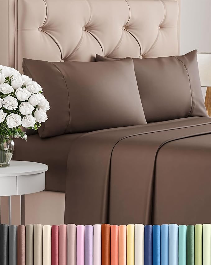 Twin 4 Piece Sheet Set - Cooling, Comfy & Breathable - Hotel Luxury Bedding, Includes Fitted Sheet for Women, Men, Kids and Teens - 1 Flat, 1 Fitted Sheet, 2 Pillowcases with Deep Pockets - Brown
