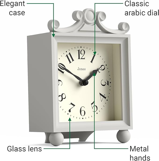 JONES CLOCKS® Parlour Mantel Clock | Classic Carriage Clock | Pale Gray | Elegant Square Decorative case, Perfect for Mantel, Shelf, Table or Bedside