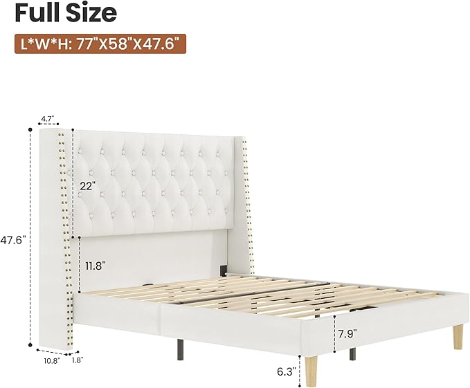 Full Size Bed Frame White Velvet, 47.2" Tall Wingback Headboard with Gold Nailhead Trim, Upholstered Platform Bed with Diamond Tufting, 1000lbs Heavy Duty Support, No Box Spring Needed