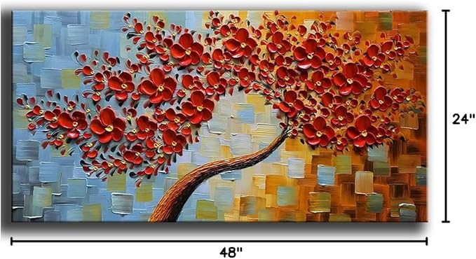 YaSheng Art -handpainted Texture Flowers Contemporary Art Oil Painting On Canvas Abstract Canvas Art 3D Red Tree Paintings Modern Home Wall Art for living room Bedroom Dining Room Office Wall Decor 24x48inch