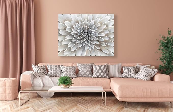 Floral Wall Art in Neutral White Color Modern Abstract Canvas Painting Large Home Decor Framed Boho Artwork Dahlia Flower Picture for Living Room Bathroom Bedroom Home Office