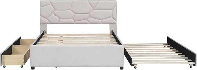 Full Size Bed Frame with Twin Size Trundle and 2 Storage Drawers,Linen Upholstered Platform Bed Frame Full with Brick Pattern Headboard,Solid Wood Slat Support,No Box Spring Needed,Beige