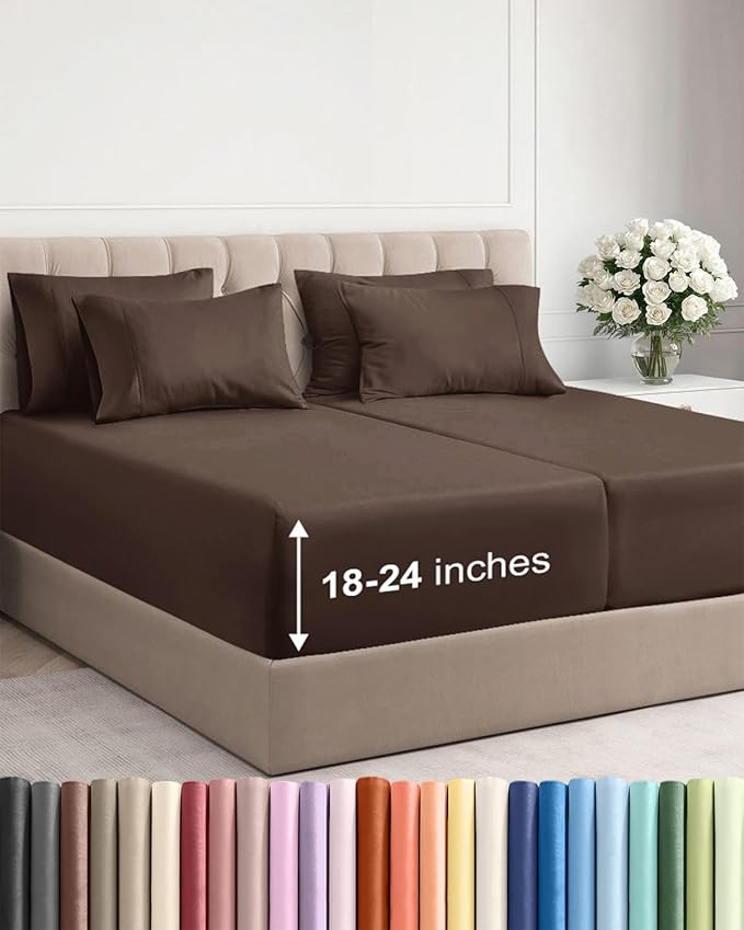 Extra Deep Split King Sheet Set - 7 Piece Breathable & Cooling Sheets - Hotel Luxury Bed Sheets Set - Easy & Secure Fit - Soft, Wrinkle Free & Comfy Sheets Set - Brown Sheet Set w/Extra Deep Pockets