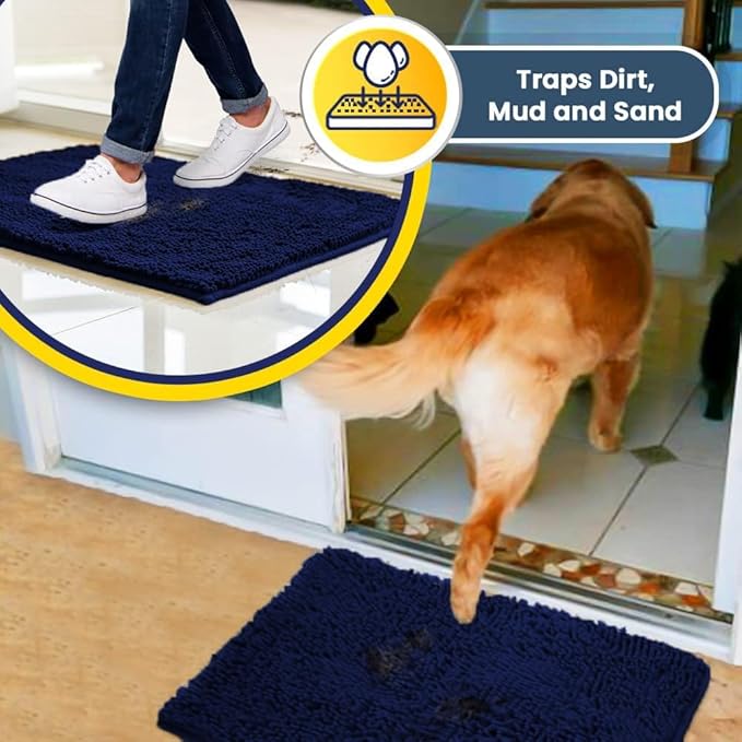 Muddy Mat® Shown on TV – Super Absorbent Microfiber Dog Door Mat for Muddy Paws, Non-Slip Washable Pet Rug, Quick Dry Chenille Entryway Carpet, Machine Washable Indoor Outdoor mat, Navy Blue 28"x18"