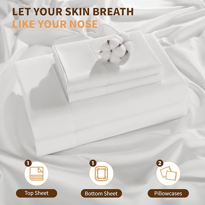 LBRO2M 100% Cotton Sheets Set Deep Pocket 19", 1000 Thread Count King Size 4 Piece Bed Sheet Sets Soft Comfortable Bedding All Season (King, White)