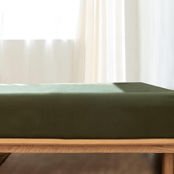 MooMee Fitted Bottom Sheet Only 100% Washed Cotton Linen Like Textured Breathable Durable Soft Comfy Deep Pocket Fits Mattress up to 17" (Olive Green, Twin)