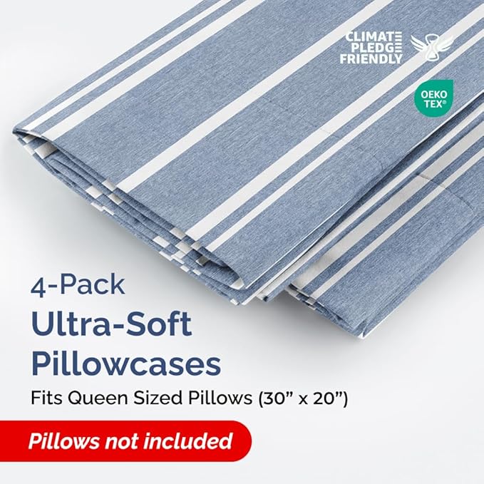 Queen Pillow Cases Set of 4 - Ultra Soft Hotel Quality Pillowcase Covers - Comfy, Cozy & Wrinkle Free - Shrinkage and Fade Resistant - Machine Washable Pillow Protectors - 4 Piece Set - Blue Stripes 3