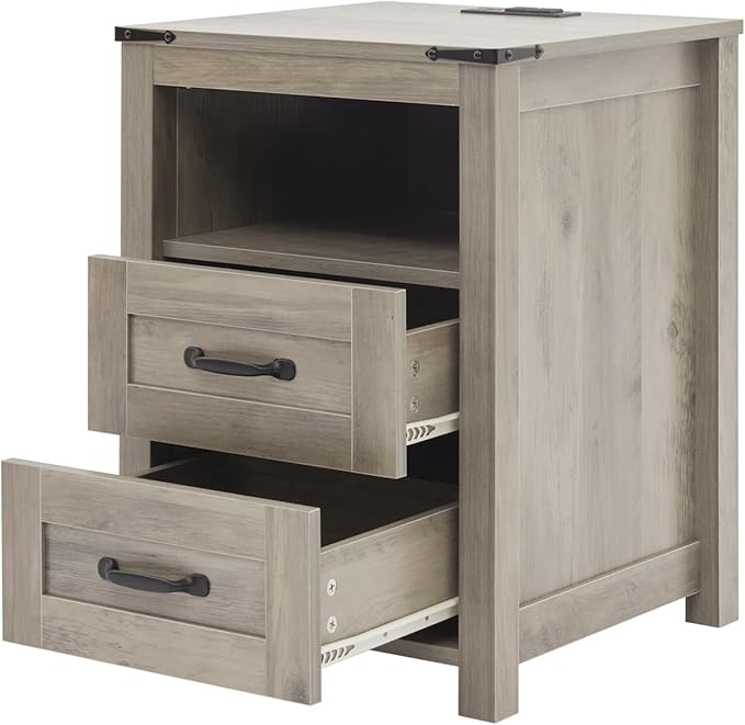 Puntogen Sierra Night Stand, Rustic End Table with Charging Station, Farmhouse Tall Nightstand for Bedroom, Drawer Dresser Bedside Table with Open Storage Shelf