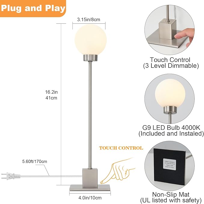 Small Lamps for Nightstand, Silver Touch Dimmable Table Lights, 3-Way Control Bedside Desk Lighting, Satin Nickel Modern Accent Home Decor, Plug in and Play, G9 Bulb Installed(Brushed Steel, Pack 2)