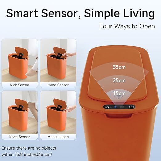 TIPGO Automatic Motion Sensor Bathroom Trash Can with Lid, 2.6 Gallon Touchless Trash Bin, Smart Garbage Can Plastic Slim Wastebasket for Bedroom, Office, Dorm (Orange)
