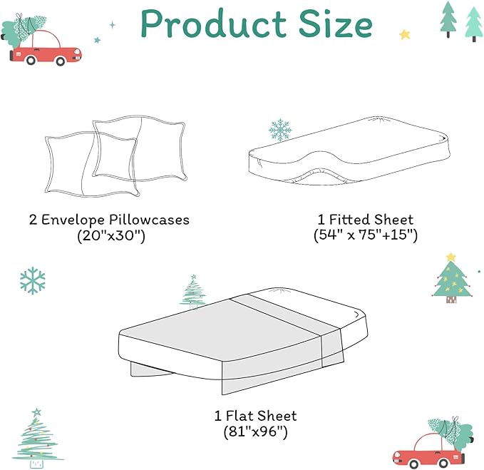JSD Red Cars Christmas Kids Sheet Set Full Size, 4 Piece Soft Holiday Printed Microfiber Bed Sheets Deep Pocket