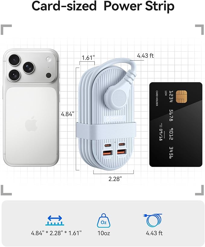 ORICO 65W USB Travel Power Strip, 7 in 1 Charging Station with 3AC, 2 USB-A, 2 USB-C, Flat Plug and 4ft Thin Extension Cord, Fast Charger for MacBook, iPad, iPhone 17/16/15 - TK65