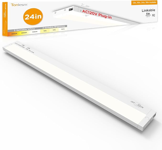 24 Inch Under Cabinet Lighting Plug in, 14W 120V 3 Color 3000K/4000K/5000K, 3 Brightness, Super Bright, Ultra Thin Under Counter Lights for Kitchen, Linkable LED Cabinet Light, White