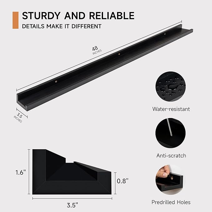 Fun Memories Picture Ledge Shelf for Wall, Floating Shelves Set of 4, 48 Inch Long Nursery Book Shelves for Toys Storage, Kids Bookshelf Wall Mounted for Books Photo Frames, Black