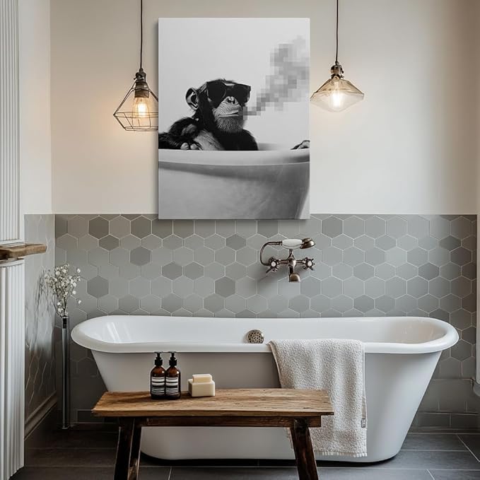 Pveror Black and White Monkey Wall Art Chimpanzee Canvas Print Modern Animal Photography Artwork Minimalist Home Decor Contemporary Wall Decor for Living Room Office Bedroom Single Panel 12x16 Inches