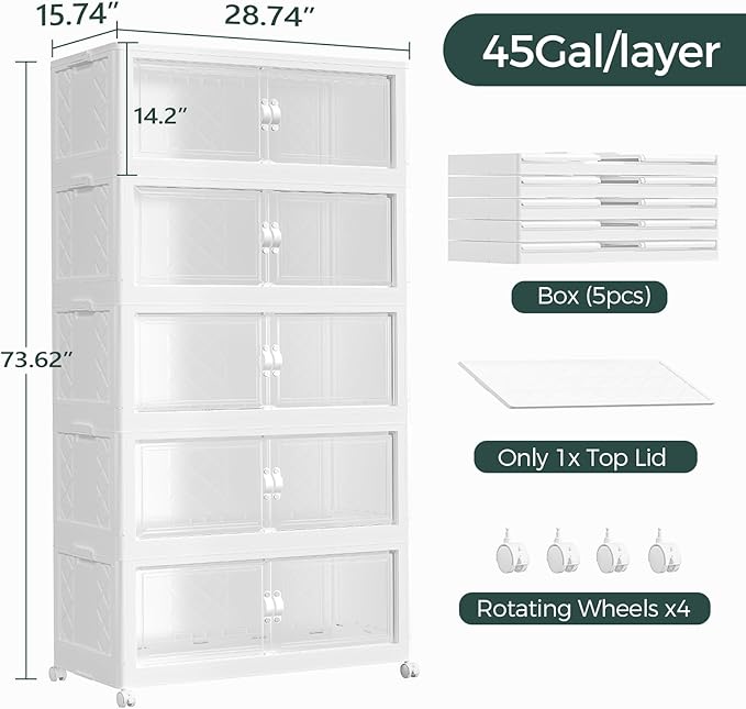 900QT Extra Large Stackable Storage Bins with Lid, 225Gal Collapsible Storage Box with Wheels and Doors, Plastic Closet Organizer and Storage Cabinet for Home Kitchen Office Dorm, 5Pack White