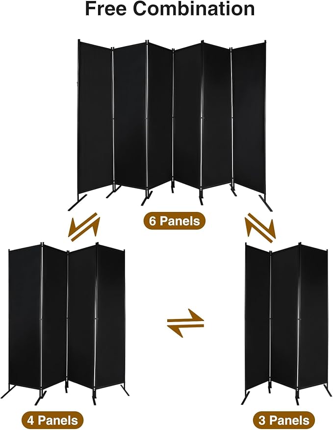 Large 6 Panel Freestanding Folding Room Divider with Support Base, 10FT Wide 6FT Tall Privacy Screen Partition Room Dividers with Freely Combined Connector, 119"x71", Black