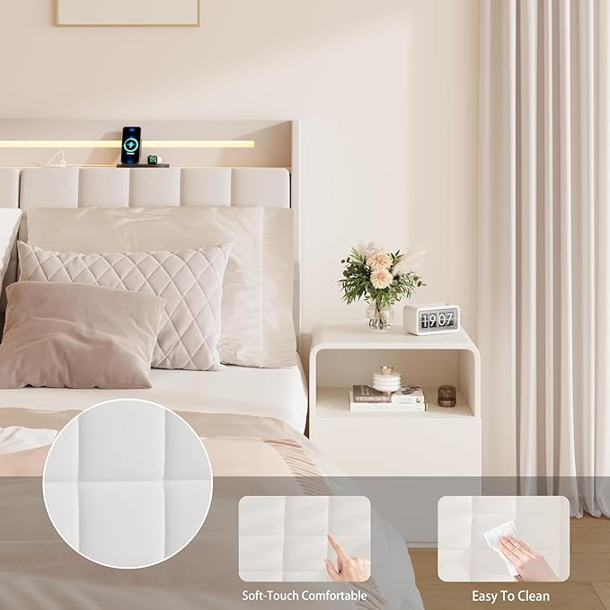Floating King Size Bed Frame with RGB LED Lights & Charging Station, Upholstered Platform Bed with Hidden Storage Headboard & Shelves, Noise Free Heavy Duty Frame for Bedroom, Beige