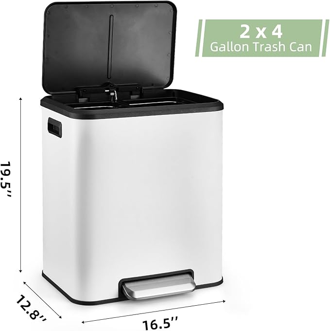 8 Gallon/30 Liter Dual Compartment Trash Can, Stainless Steel Garbage Can with Soft-Close Lid and Two Removable Inner Buckets, 2 x 15L Two Compartment Trash Bin for Kitchen Bedroom Home, White