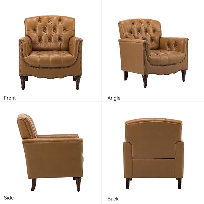 HULALA HOME Mid Century Modern Leather Club Chairs Set of 2, Top-Grain Genuine Leather Armchairs with Button-Tufted Back & Solid Wood Legs, Accent Chairs for Living Room/Bedroom/Home Office, Camel