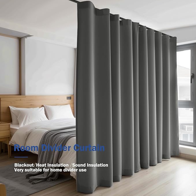 Room Divider Curtains, Blackout Ceiling Track Curtains with Hooks Wall Dividers for Bedroom Living Room Separation Office Privacy Partition, Noise Reduction, W100 × L84 Inch,1 Panel, Grey